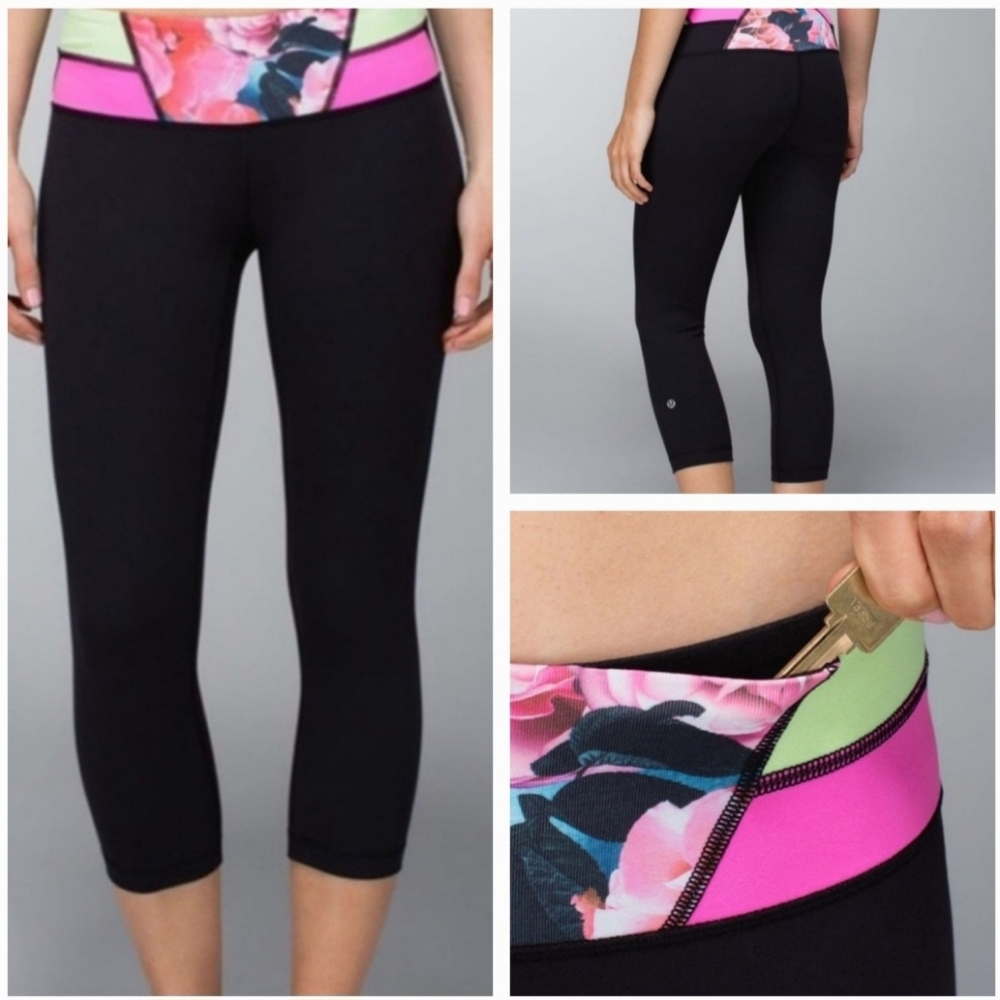 Lululemon Wunder Under Reversible Black Floral Crop Leggings Sz 6